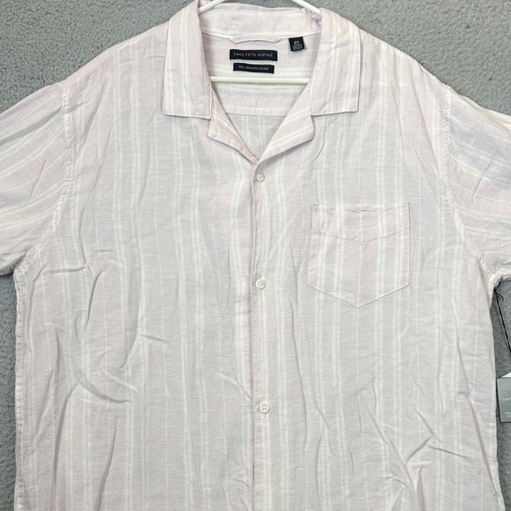 NEW Saks Fifth Avenue Shirt Mens 2XL Light Pink Striped Linen Bend Button Up
